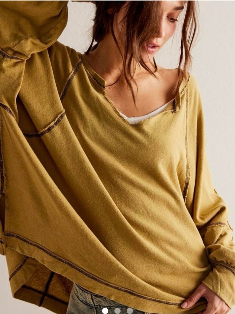 Free People Olive Wish I Knew Relaxed V-Neck Balloon Sleeve